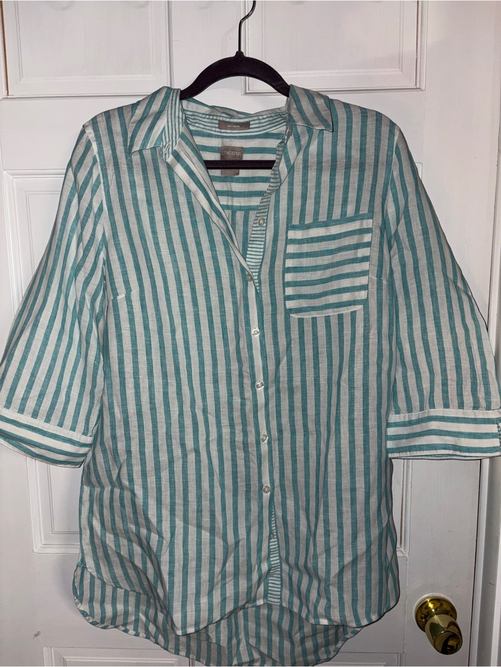 Chico's Teal and White Striped Button-Down Shirt